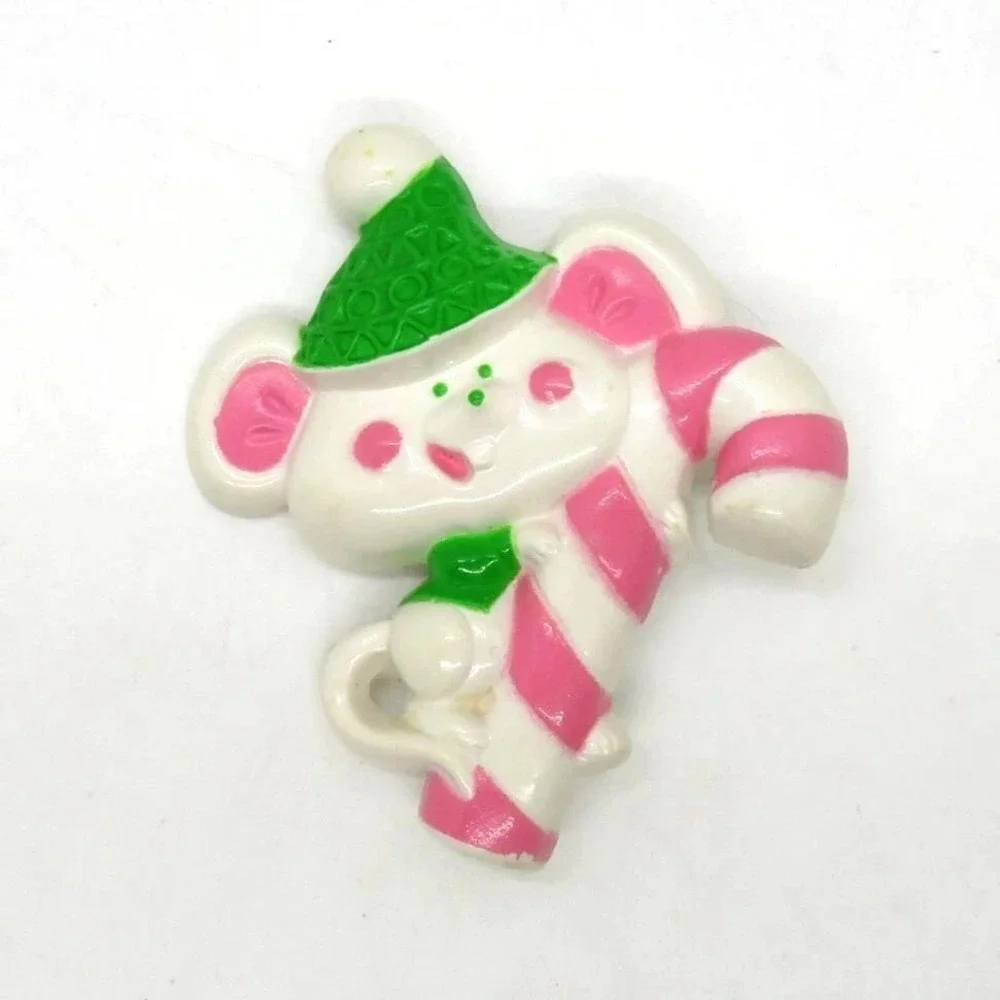 Vintage Avon Christmas Mouse Brooch Pin Candy Cane‎ Green Hat Pink White Holiday